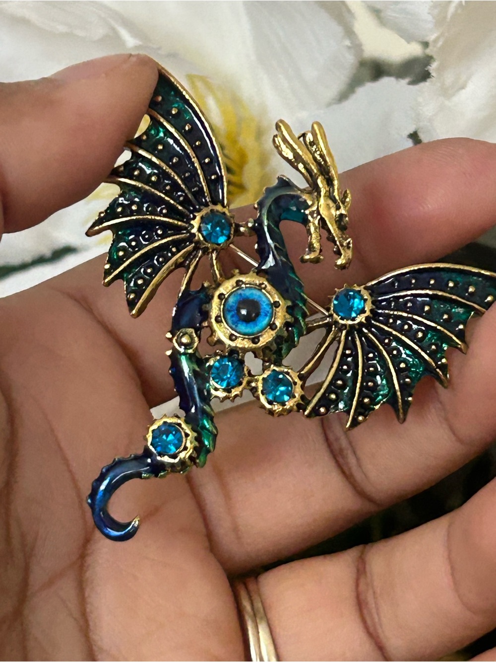 Gold-tone Blue & Teal Dragon Brooch - Elegant Women’s Jewelry